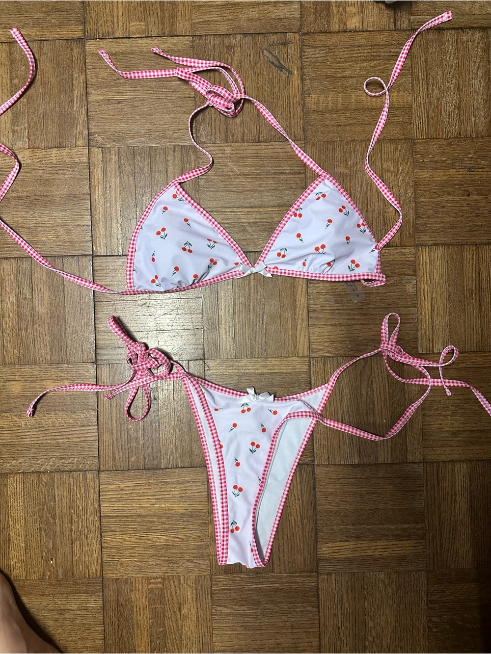 Pink Gingham Trim Cherry Print Triangle Bikini